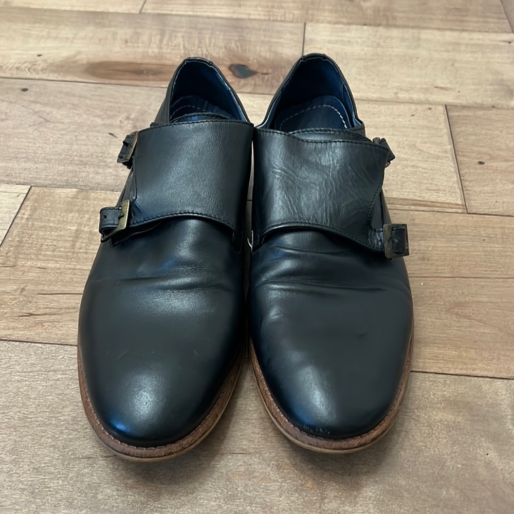 Size 11 Dune London buckle strap shoe black upper leather w/leather lining